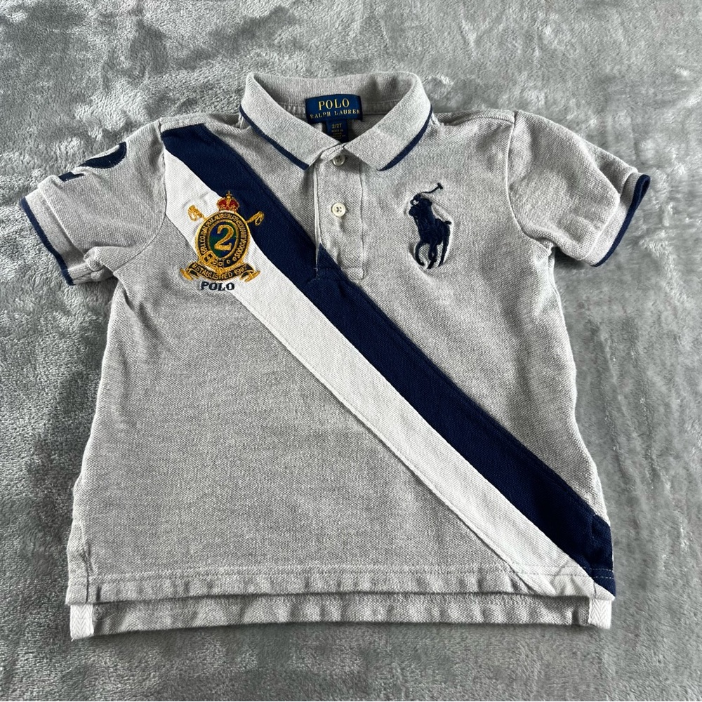 Polo Ralph Lauren Toddler Sz 2T Big Pony Cotton Mesh Polo Shirt Gray Navy White